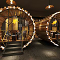 Modern Restaurant Interior Featuring Cylindrical Wooden Structures Staircases And Warm Lighting 3d model