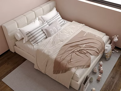 Kids Bed with White Headboard Striped LOVE Pillow Light Quilt and Stuffed Toys 3d model
