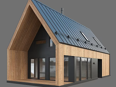 Modern Detached Villa With Gabled Metal Roof Wooden Exterior And Large Windows 3d model
