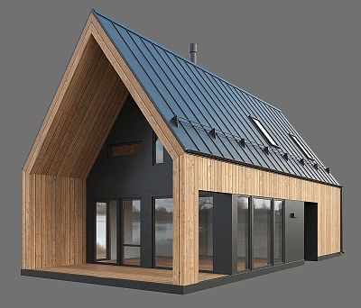 Modern Detached Villa With Gabled Metal Roof Wooden Exterior And Large Windows 3d model