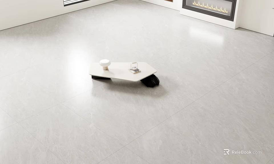 Modern Light Gray Tile Flooring In Interior With Simple Coffee Table And Fireplace 3d model