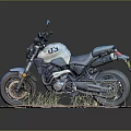 White and Blue Motorcycle with Number 03 Parked on Sandy Ground with Grass