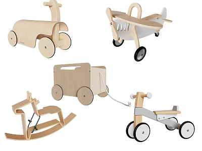 Wooden Building Blocks Toys for Kids Including Rocking Horse Airplane Trailer and Tricycle 3d model