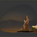 Transparent Hemisphere Displaying Mountain Landscape With Orange And Blue Sunset Sky And Reflective Base Surface