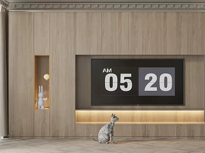 Modern Wooden TV Stand With Open Shelf TV Rabbit Figurine Yellow Ball And Spotted Cat 3d model
