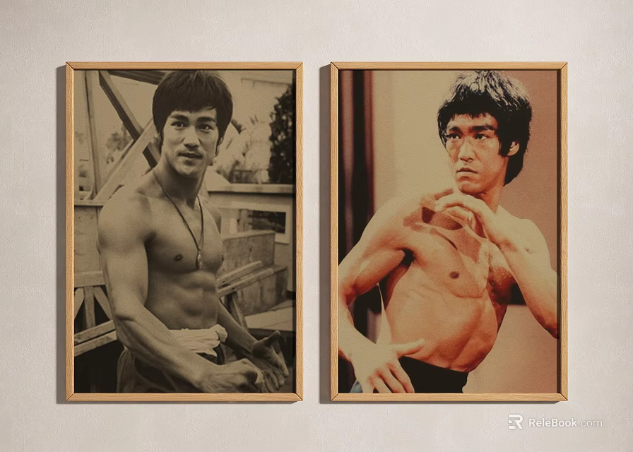 Two Vintage Style Bruce Lee Portrait Paintings With Shirtless Muscular Bodies And Martial Arts Poses 3d model 