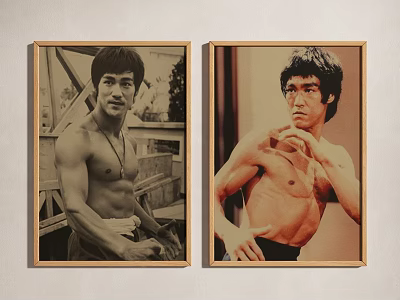 Two Vintage Style Bruce Lee Portrait Paintings With Shirtless Muscular Bodies And Martial Arts Poses 3d model