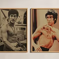 Two Vintage Style Bruce Lee Portrait Paintings With Shirtless Muscular Bodies And Martial Arts Poses