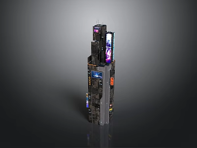 Futuristic Multilayer Tower Building Model With Digital Screens And Neon Lights 3d model