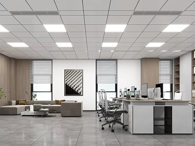 Modern Public Office Space Interior With Workstations Computers Sofa Seating Windows And Lighting 3d model