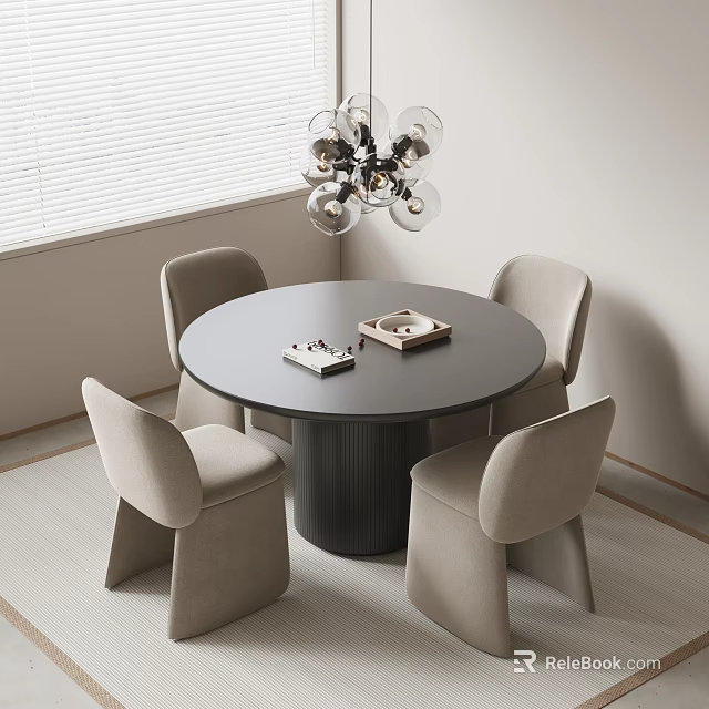 Modern Round Black Dining Table Set With Light Gray Chairs And Pendant Light 3d model
