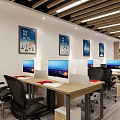 Modern Public Office Space Featuring Long Table Purple Flowers Black Office Chairs Bookshelves Green Plants