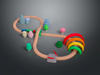 Colorful Scenic Landscape Featuring Wooden Train Track Rainbow Arch And Colorful Trees 3d model
