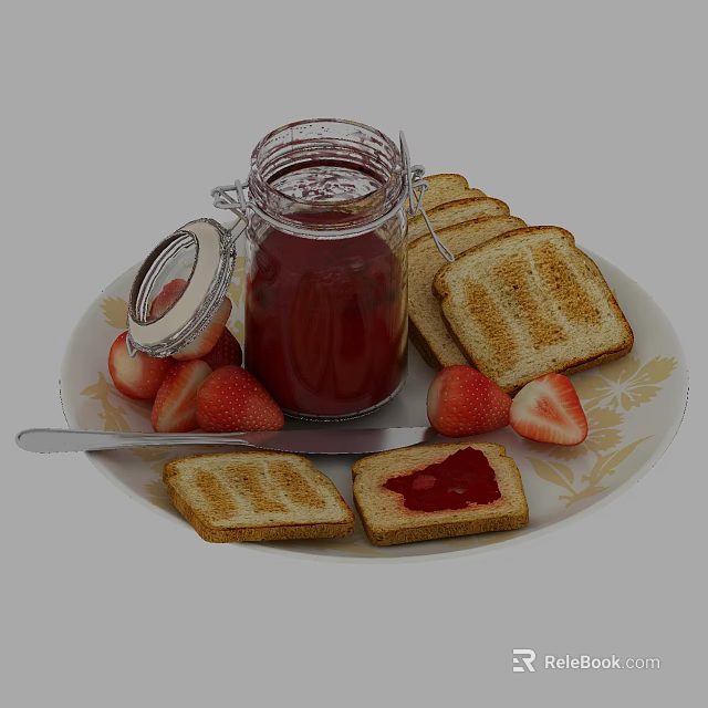 Fresh Strawberry Jam with Toasted Bread Slices and Fresh Strawberries on Plate 3d model 