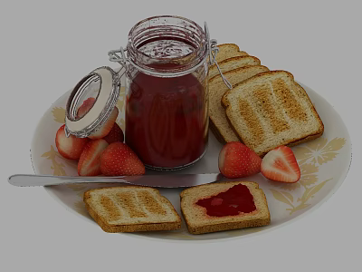 Fresh Strawberry Jam with Toasted Bread Slices and Fresh Strawberries on Plate 3d model