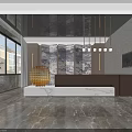Modern Hotel Lobby Interior With Marble Floor Hanging Pendant Lights Front Desk And Decorative Paintings