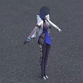 Elegant Game and Movie Character With Black Short Hair Blue Outfit White Shoulder Details Purple Pants