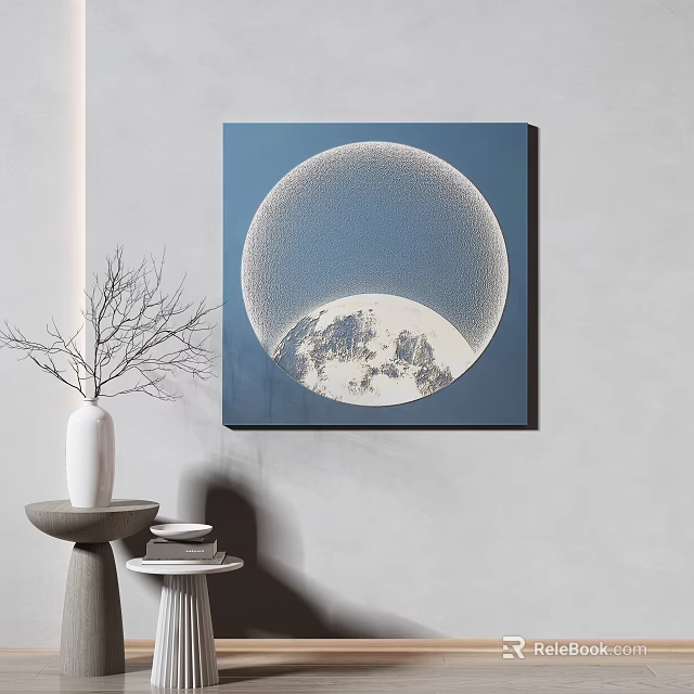 Interior Decor With Blue Circular Art Mountain Pattern White Vase And Branches 3d model