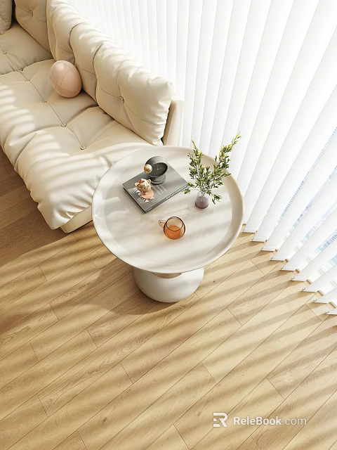 White Round Side Table With Coffee Cup Magazine And Small Plant By Beige Sofa 3d model 