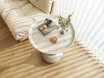 White Round Side Table With Coffee Cup Magazine And Small Plant By Beige Sofa 3d model