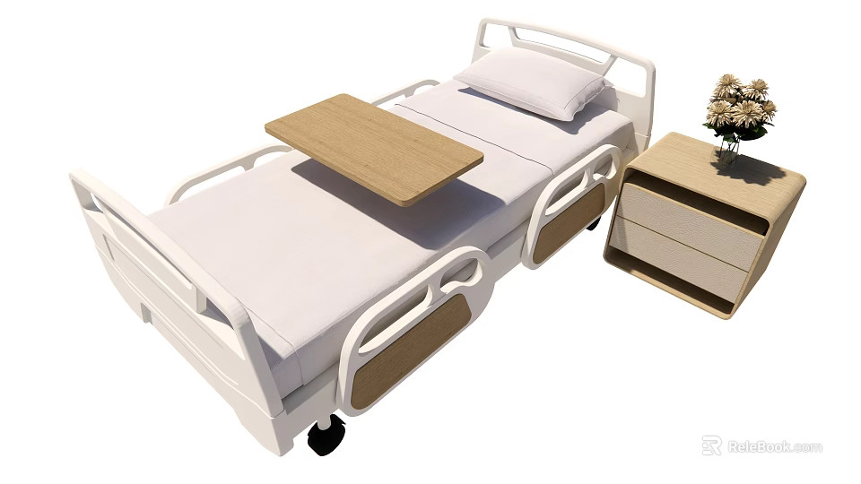 Adjustable Medical Bed Equipment With Pillow Table And Bedside Cabinet 3d model 