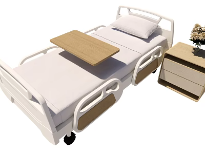 Adjustable Medical Bed Equipment With Pillow Table And Bedside Cabinet 3d model