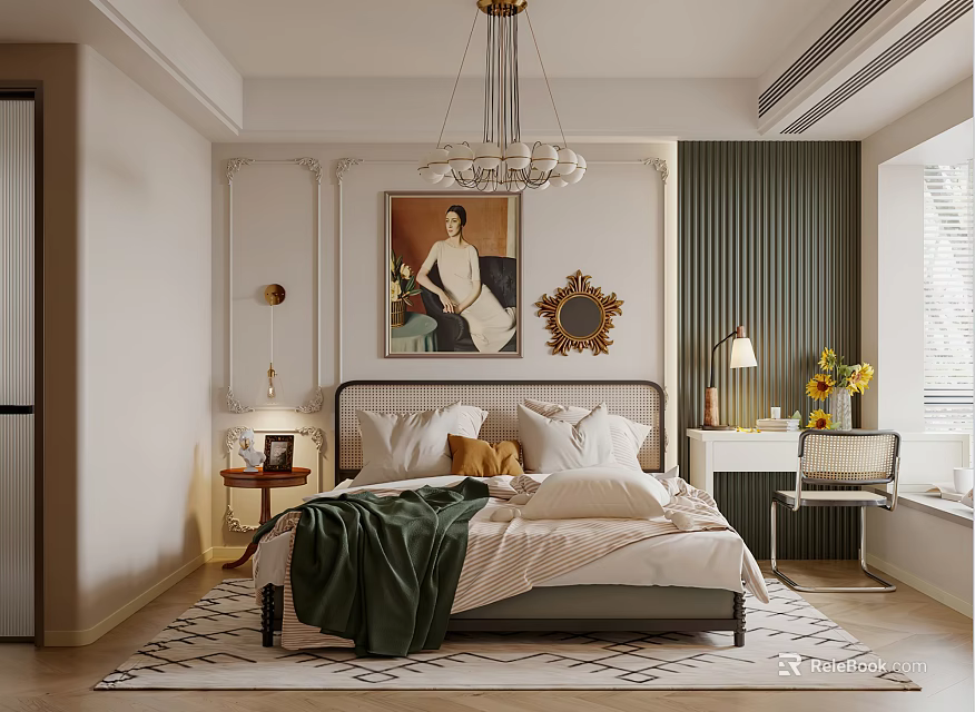 Elegant Bedroom Interior With Green Blanket Pillows Wall Art Mirror Chandelier And Rug 3d model 