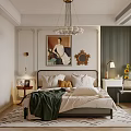 Elegant Bedroom Interior With Green Blanket Pillows Wall Art Mirror Chandelier And Rug
