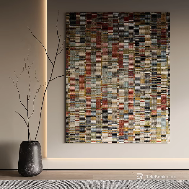 Colorful Abstract Patchwork Painting with Black Vase and Twigs on Light Wall 3d model 