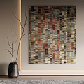 Colorful Abstract Patchwork Painting with Black Vase and Twigs on Light Wall
