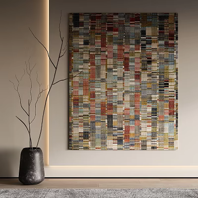 Colorful Abstract Patchwork Painting with Black Vase and Twigs on Light Wall 3d model