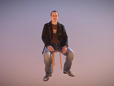 Man sitting on chair wearing black leather jacket brown t-shirt ripped blue jeans gray shoes 3d model