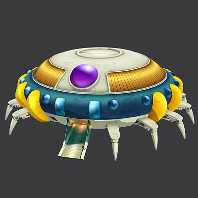 Futuristic Sci Fi Mechanical Device With Dome Purple Sphere Blue Yellow Accents And Mechanical Legs 3d model