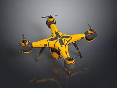 Modern Yellow Quadcopter Drone With Black Patterns And Landing Gear Design 3d model