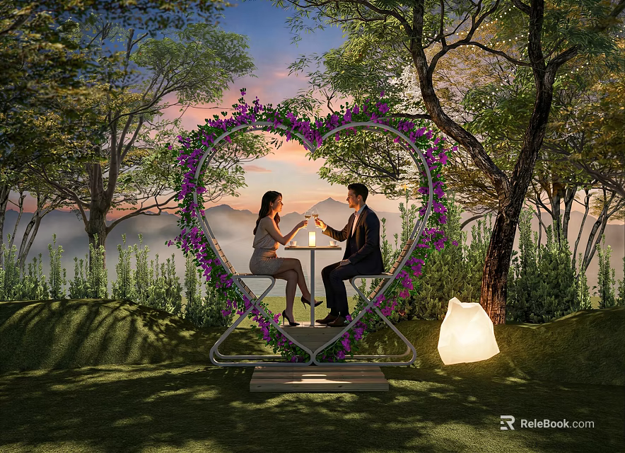 Heart Shaped Floral Installation For Romantic Outdoor Garden With Couple Trees Sunset Sky And Lantern 3d model 
