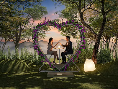 Heart Shaped Floral Installation For Romantic Outdoor Garden With Couple Trees Sunset Sky And Lantern 3d model