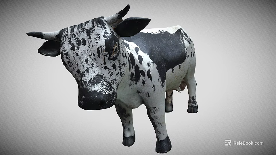Black and White Spotted Cow With Horns Standing On Gray Background 3d model 