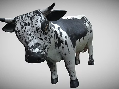Black and White Spotted Cow With Horns Standing On Gray Background 3d model