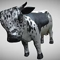 Black and White Spotted Cow With Horns Standing On Gray Background