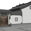 Traditional Chinese Architecture With White Wall Black Tile Roof And Carved Wooden Door