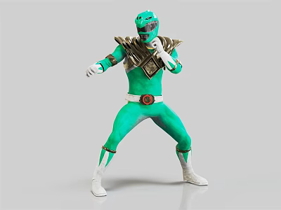 Green Superhero Wearing Helmet And Green Uniform In Dynamic Combat Stance 3d model