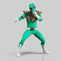 Green Superhero Wearing Helmet And Green Uniform In Dynamic Combat Stance