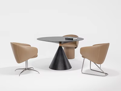 Modern Round Black Table With Conical Base And Light Brown Metal Leg Chairs 3d model