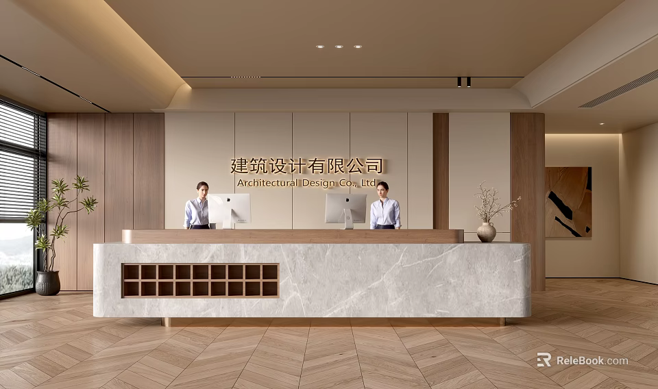 Professional Modern Reception Desk At Architectural Design Company With Staff And Marble Counter 3d model 