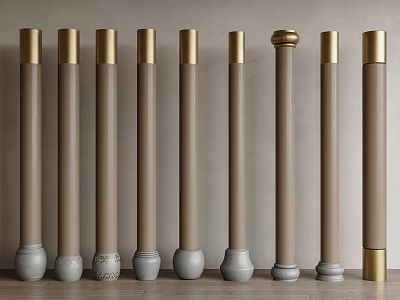 Decorative Taupe And Gold Columns With Different Base Designs Arranged In Modern Interior 3d model