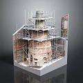 Scaffolding Equipment Supporting Masonry Tower Construction with Multiple Layers