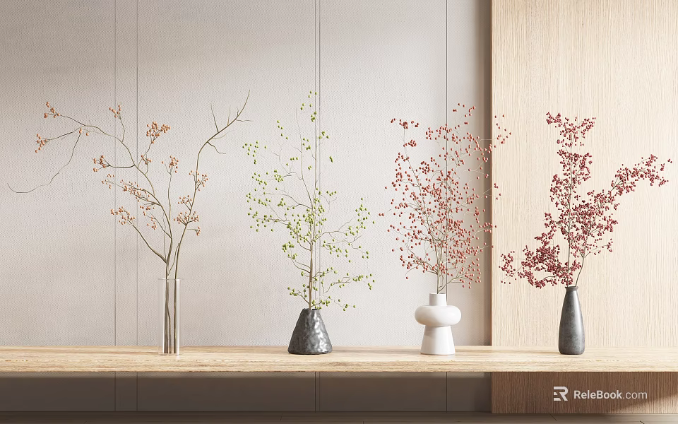 Various Decorative Vases With Colorful Plants On Wooden Shelf Against Light Wall 3d model 