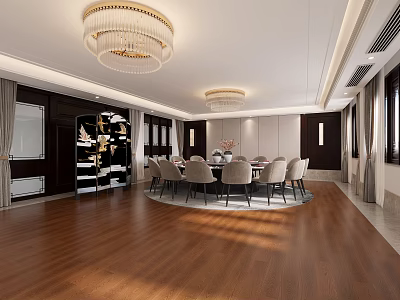 Luxury Private Dining Room With Crystal Chandelier Round Table And Comfortable Chairs 3d model
