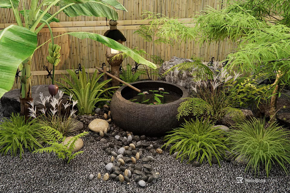 Tranquil Zen Garden With Stone Basin Green Plants Bamboo Backdrop Lantern And Pebbles 3d model 
