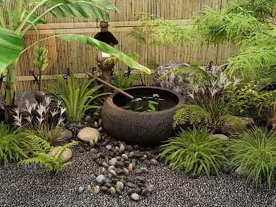 Tranquil Zen Garden With Stone Basin Green Plants Bamboo Backdrop Lantern And Pebbles 3d model